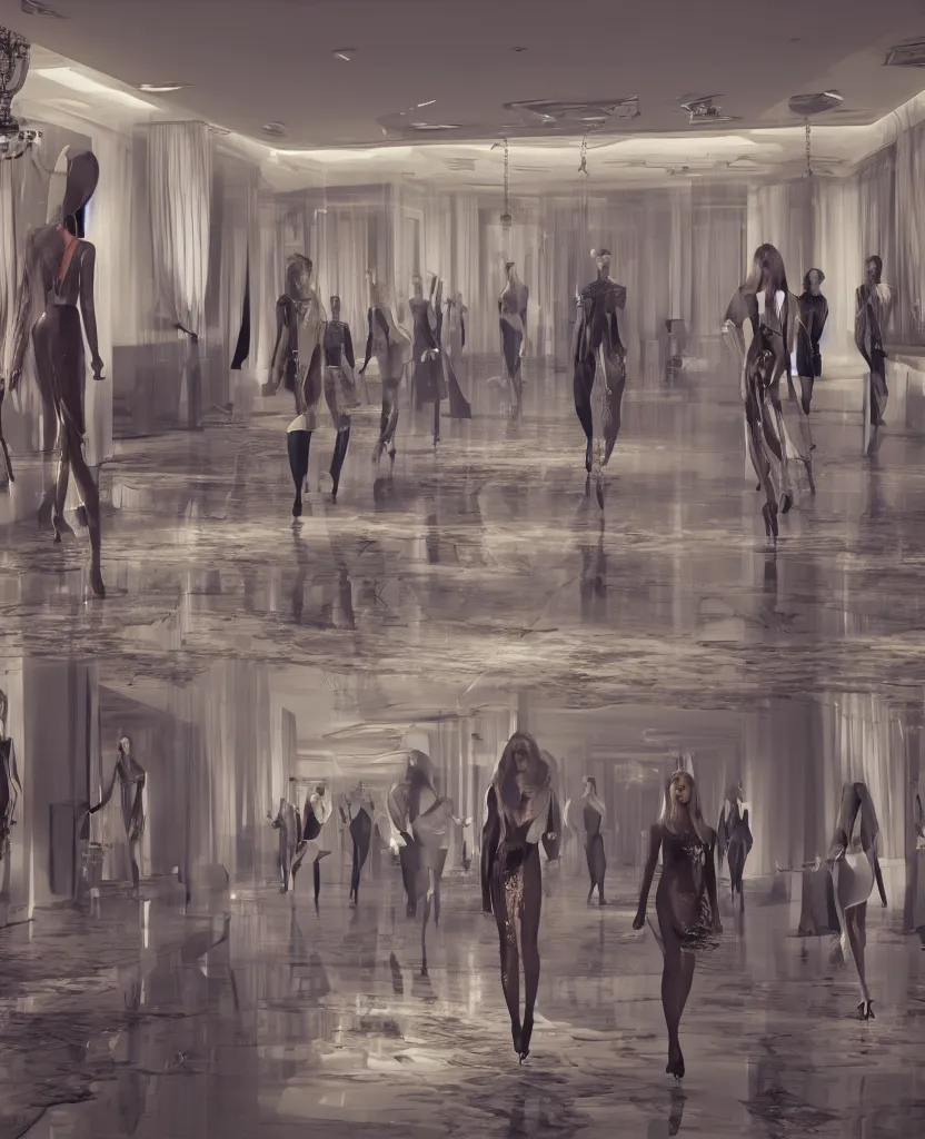 Prompt: Fashion Catwalk in a luxurious apartment interior, concept art, rendering, hyperdetailed, unreal engine 5, 4k