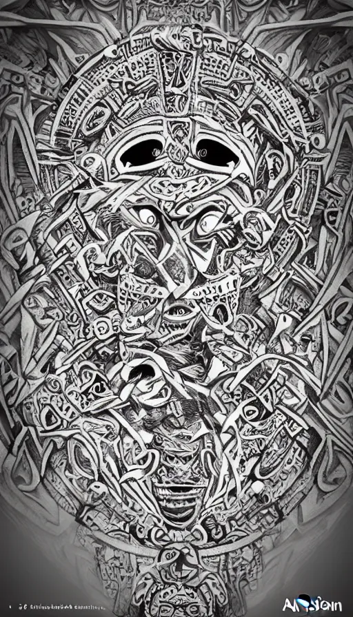 Image similar to ancient aztec fantasy face tattoo pattern concept, teonanacatl glyph, intricate artwork by, Alex Grey, Artgerm, very coherent artwork, cinematic, hyper realism, high detail, octane render, unreal engine, 8k, High contrast, higly detailed black ink outline