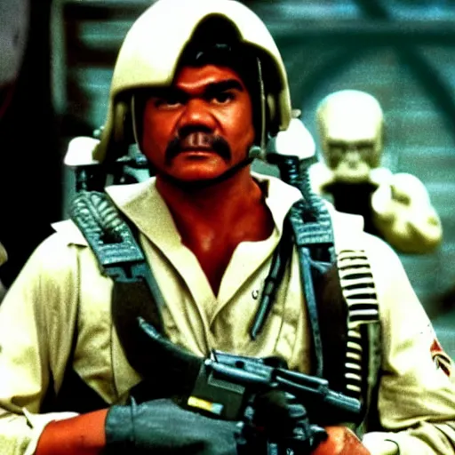 Image similar to George Lopez dressed as a Colonial Marine from Aliens (1986)
