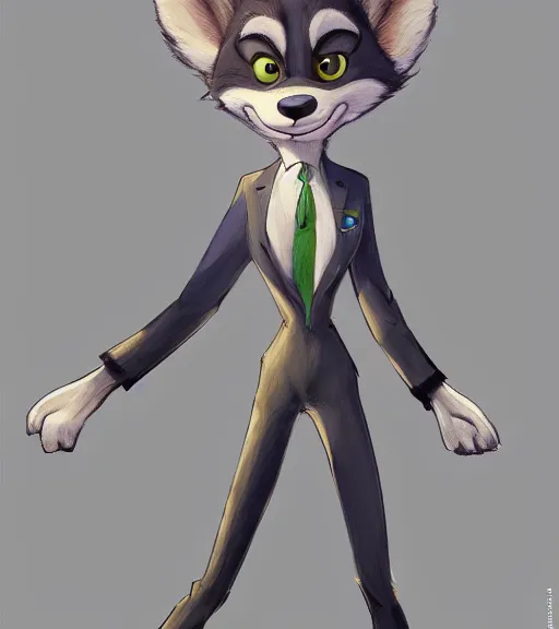Image similar to oil painting of full body of anthromorphic female wolf, in style of zootopia, zootopia, zootopia, fursona, furry, furaffinity, 4 k, deviantart, furry art, fursona art, wearing black business suit, business suit, in style of zootopia, wolf fursona, cyberpunk, female, expressive detailed feminine face,