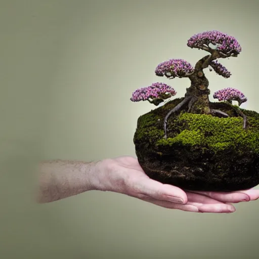 Image similar to A picture of a planet of various flowers, fungus and plants, Bonsai , in which the human figure is dressed in something magical and impressive, inside the picture is infinity, muted light, BotanicalAtmospheric phenomenon, artistic photography, muted colors, conceptual, Kodachrome