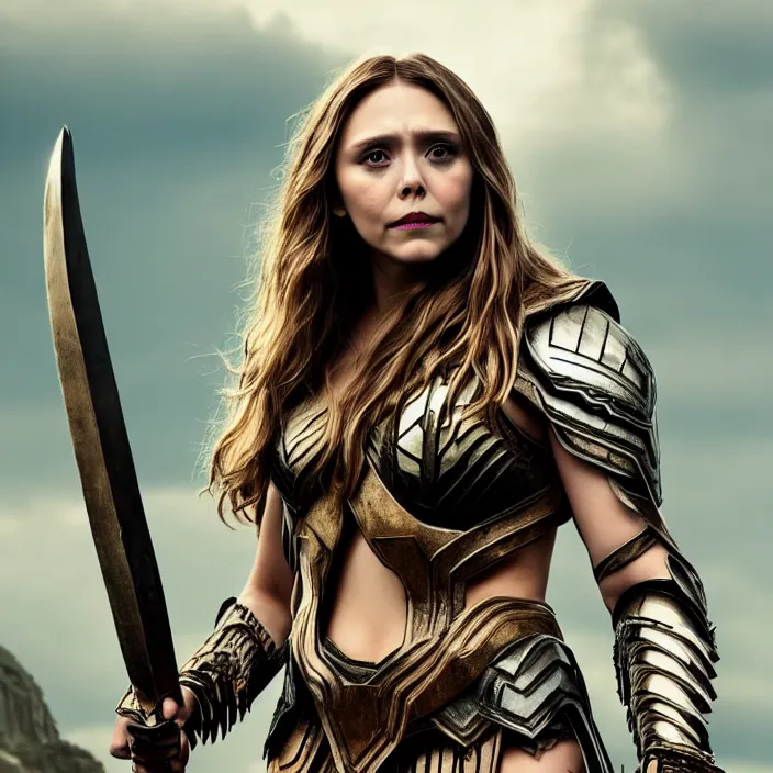 Image similar to professional full length photograph of elizabeth olsen as an amazon warrior. Extremely detailed. 8k