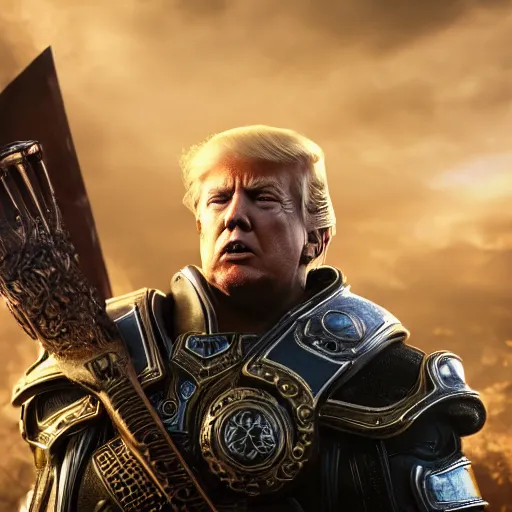 Image similar to Photo portrait of Donald Trump as King Leonidas in Gears of War, splash art, movie still, detailed face, photorealistic facial features, cinematic lighting, dramatic, octane render, long lens, shallow depth of field, bokeh, anamorphic lens flare, 8k, hyper detailed, 35mm film grain