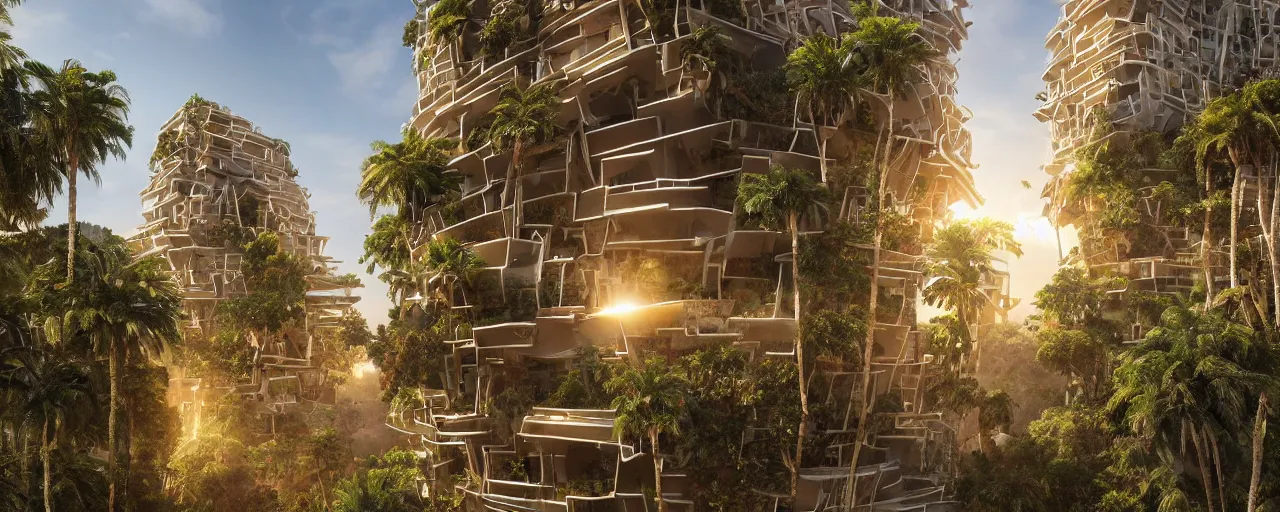 Prompt: contemporary golden babylon tower, sacred ancient architecture, hanging gardens, cascading highrise, arid mountains with lush palm forest, sunlight, post - production, octane, cgi, sfx