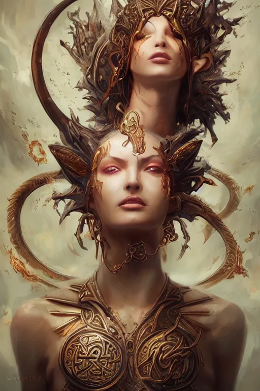 Image similar to beautiful girl sorcerer looking up with fire and golden dragon skin, celtic rune tattoos, casting magic spell, angel, fantasy, magic the gathering, hyper detailed, 3 d render, hyper realistic detailed portrait, peter mohrbacher, wlop, ruan jia, luis royo