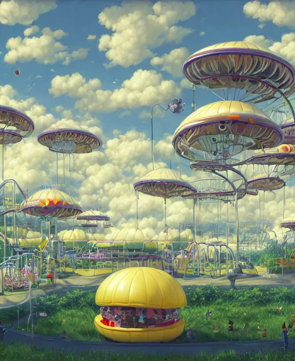 Image similar to a puffy inflated amusement park made out of fat seamless alien creatures, in the style of an aerodynamic obese robot, overgrown with thick orchids, partly cloudy, moody, dramatic lighting, by dan mumford, yusuke murata, makoto shinkai, ross tran, cinematic, unreal engine, cel shaded, featured on artstation, pixiv