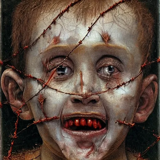 Image similar to a boy made of barbed wire looking into camera, screaming in pain, by giuseppe arcimboldo and ambrosius benson, renaissance, intricate and intense oil paint, a touch of beksinski and hr giger and edward munch, realistic