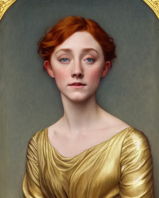 Image similar to realistic art nouveau oil painting of redheaded young saoirse ronan or redheaded millie bobby brown wearing a reflective gold dress, highly detailed, intricate, elegant, digital painting, smooth, sharp focus, illustration, ultra realistic, 8 k, by bouguereau, alphonse mucha, artgerm, and donato giancola