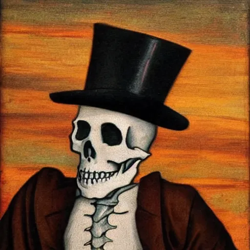 Image similar to Renaissance oil painting of skeleton wearing a suit and top hat at sunset.