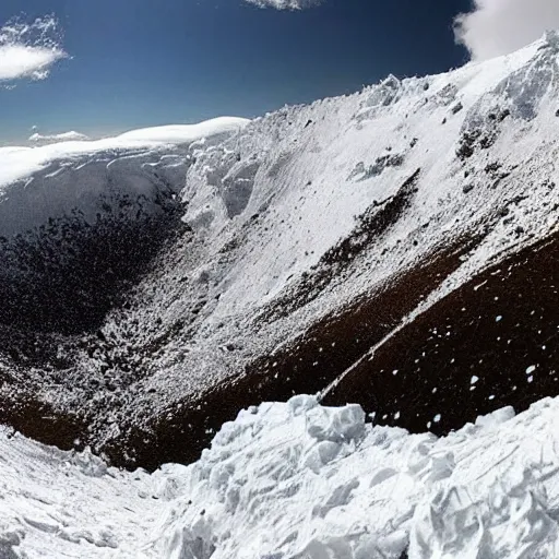 Image similar to “wide angle photograph of an avalanche on a large snowy mountain where the snow is made of dippin dots”
