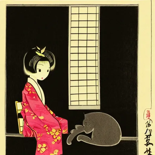 Image similar to A young lady in a kimono with almond-shaped eyes, sitting on a chair in a huge empty room, a black cat sitting on the window, a girl smiling, style