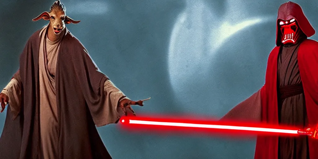 Image similar to jar jar binks as a sith lord, holding a red lightsaber