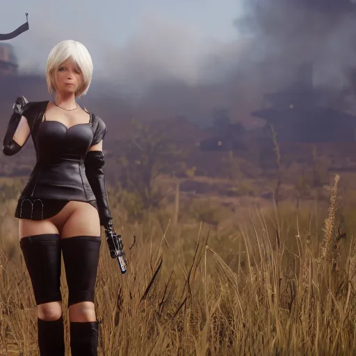 Prompt: Film still of 2B nier automata in Red Dead Redemption 2 (2018 video game), medium full shot, detailed skin and thick thighs, artstation, artstation hq, hd, 4k