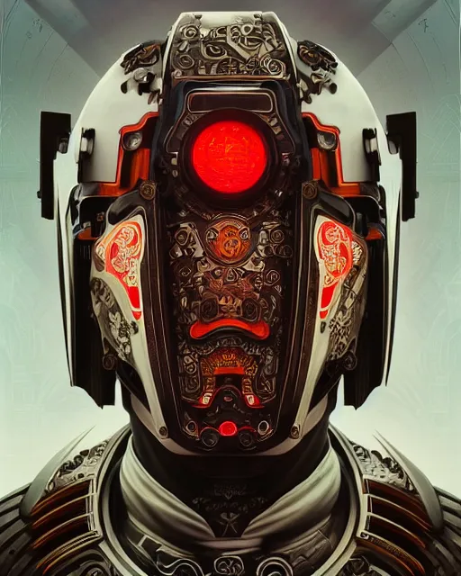 Image similar to portrait of a masculine male cyberpunk machine, machine face, upper half portrait, decorated with chinese opera motifs, asian, fine china, wuxia, traditional chinese art, intricate, elegant, highly detailed, symmetry, headpiece, digital painting, artstation concept art smooth sharp focus, illustration, art by artgerm and greg rutkowski alphonse mucha 8 k