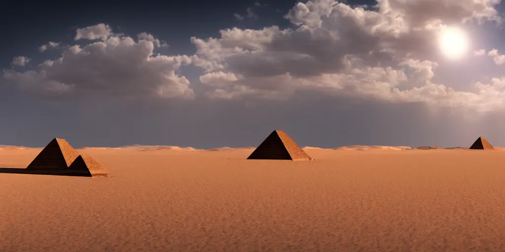 Image similar to a wide desertic landscape with ancient egyptian temple buried in the sun. under a white sky with black stars. a monstrous sphynx between the dunes on gje horizon. photorealistic. artstation. hd.