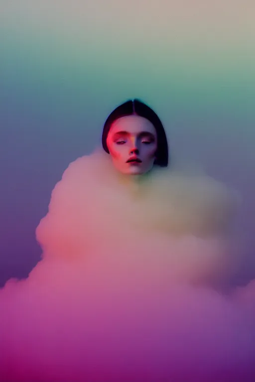 Image similar to high quality pastel coloured film close up wide angle photograph of a model wearing clothing resting on cloud furniture in a icelandic black rock!! environment in a partially haze filled dreamstate world. three point light, rainbow. photographic production. art directed. pastel colours. volumetric clouds. pastel gradient overlay. waves glitch artefacts. extreme facial clarity. 8 k. filmic.