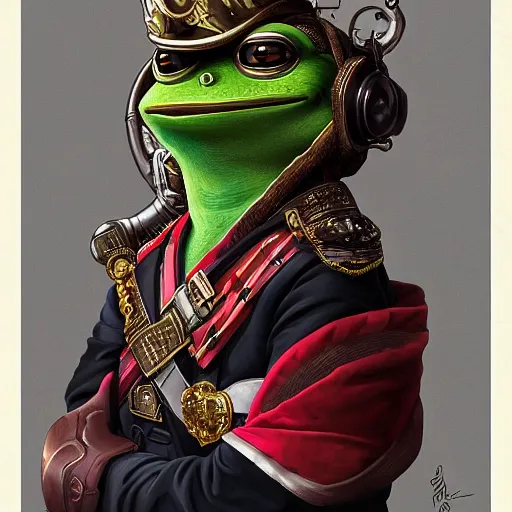 Prompt: portrait of an pepe the frog wearing a traditional nineteenth century swiss empire military uniform, metal shoulder pauldrons, intricate, highly detailed, digital painting, artstation, concept art, sharp focus, cinematic lighting, illustration, art by artgerm and greg rutkowski, alphonse mucha, cgsociety