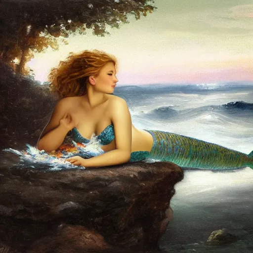 Prompt: masterpiece full body portrait of a beautiful mermaid with curly blonde hair reclining on a rock on the edge of the sea in the moonlight, classical oil painting