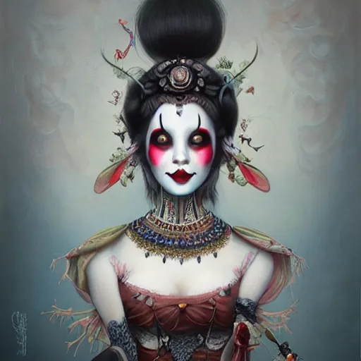 Prompt: ultra realist soft painting of a single attractive asian female clown with gothic makeup smiling in a long dress, curiosities carnival, symmetry accurate features, very intricate details, focus, curvy, artstyle by Tom Bagshaw, award winning