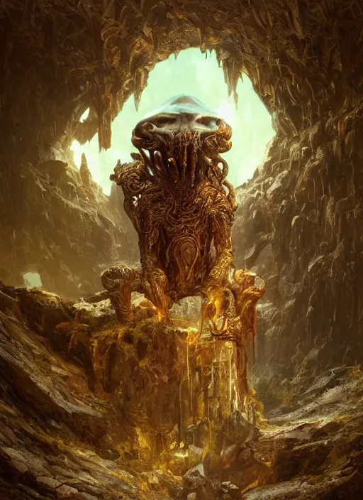 Image similar to hyper realistic photography of intricate symmetric strange alien bone god sitting on ruined ornamented rock throne in a crystal cave detailed, greg rutkowski, mignola, moebius, artstation, cgsociety