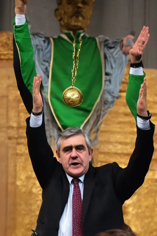 Image similar to gordon brown politician, dark hair, wearing a green tracksuit and gold necklace medallion, hands raised in the air,