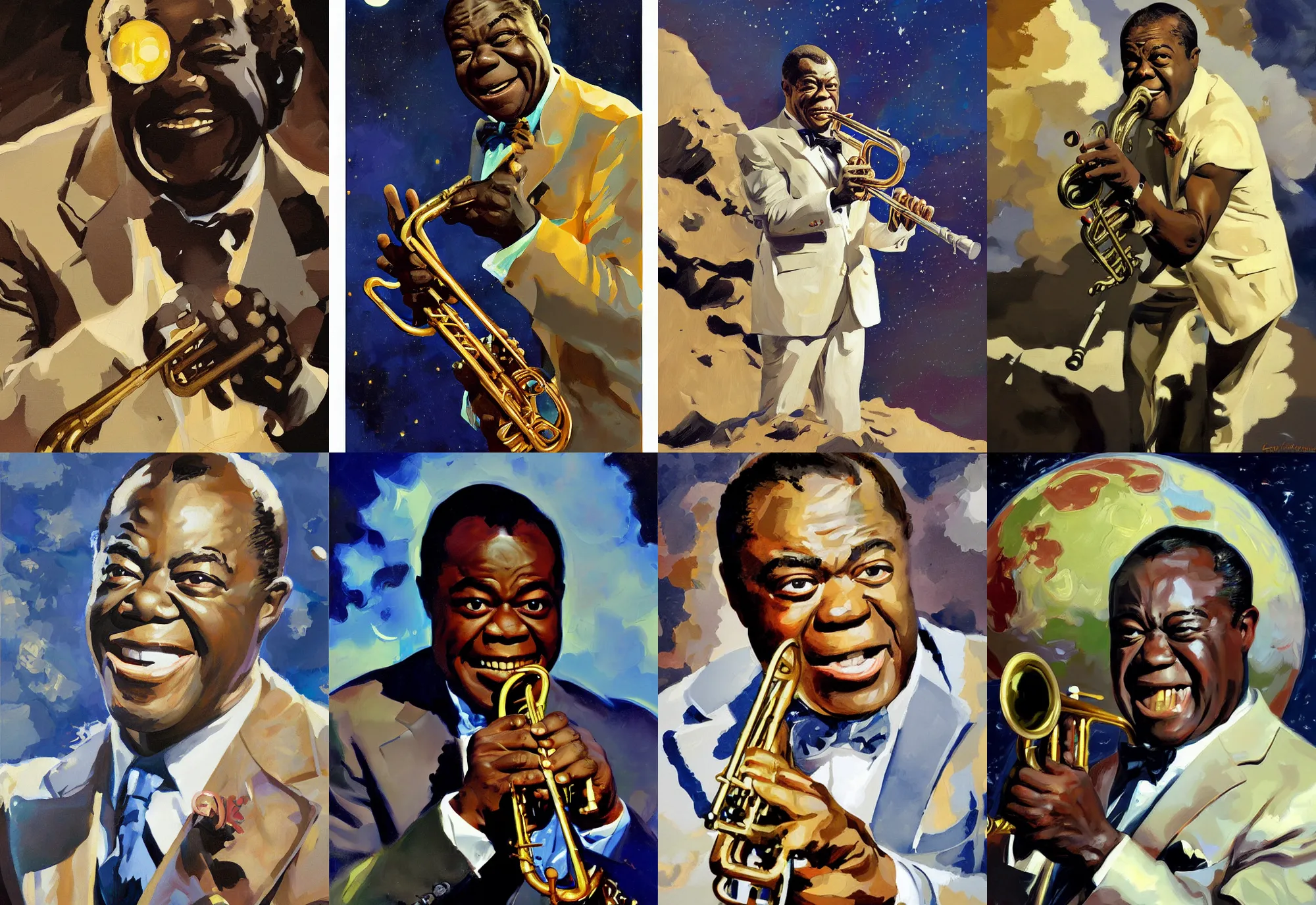 Prompt: a portrait of louis armstrong on the moon, by greg manchess and john singer sargent and jonathan yeo, dramatic lighting, highly detailed digital painting