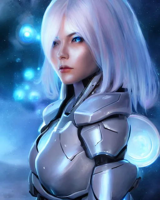 Image similar to perfect android girl on a mothership, warframe armor, beautiful face, scifi, futuristic, galaxy, nebula, raytracing, dreamy, long white hair, blue cyborg eyes, sharp focus, cinematic lighting, highly detailed, artstation, divine, by gauthier leblanc, kazuya takahashi, huifeng huang