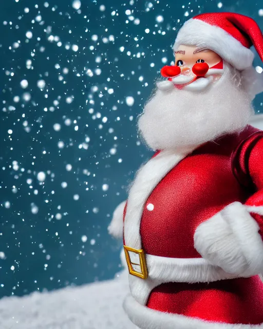 Image similar to highly detailed closeup, portrait of a tin toy santa greta thunberg wearing a bikini, depth of field, fashion photoshoot by nicoletta ceccoli, mark ryden, lostfish, dan decarlo, bob clampett, max fleischer, breathtaking, detailed and intricate snowenvironment, 8 k resolution, hyperrealistic, octane render