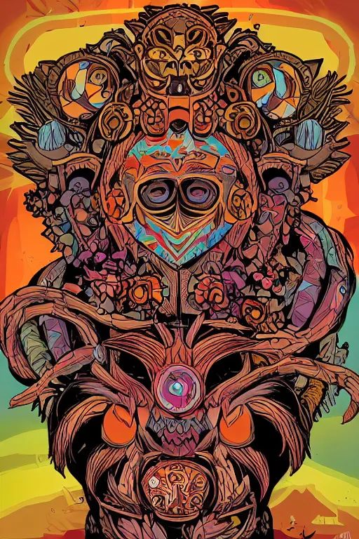 Image similar to animal mask totem roots flower tribal feather gemstone plant wood rock shaman vodoo video game vector cutout illustration vivid multicolor borderlands comics by josan gonzales and dan mumford radiating a glowing aura