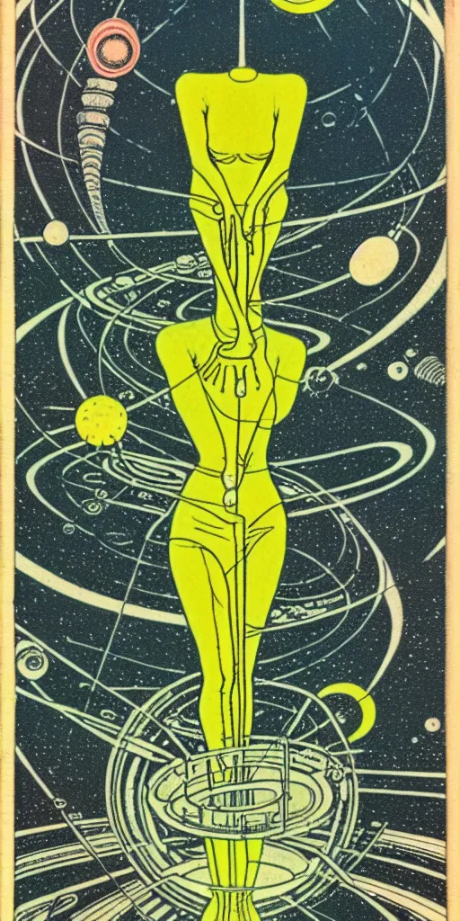 Prompt: 1968 science fiction tarot card, cut out collage, Jugendstil, xerox punk, spring on Saturn, epic theater, deep sea, mountain plants, nouvelle vague, drawings in part by moebius, part by Ernst Haekl, text by William S Boroughs, composition by neo Rauch