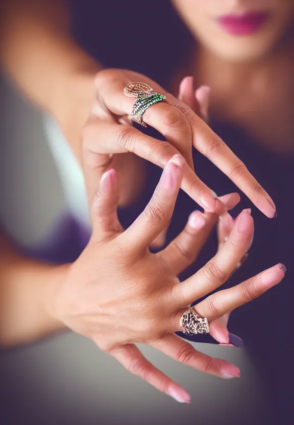 Image similar to an instagram photo of one ultra detailed woman's palm with 5 fingers lying on the table, instagram photo, studio photo