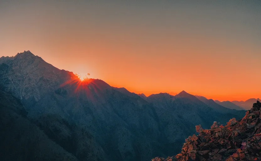 Image similar to beautiful mountain landscape, vaporwave, sunset, professional photography