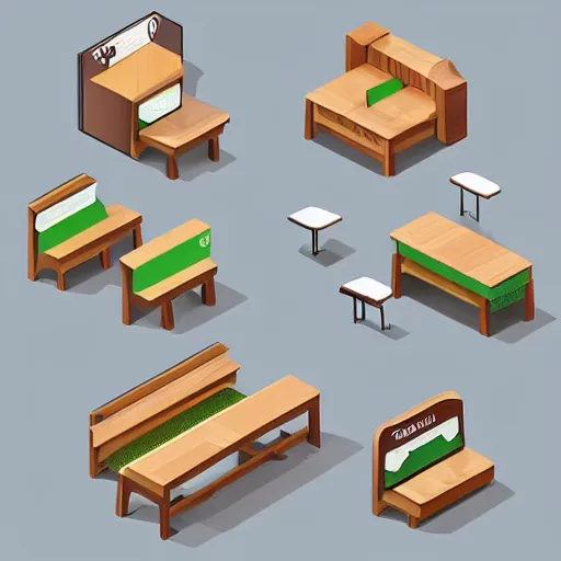 Prompt: isometric cartoon of cannabis leaf cafe. by benoit mandelbrot, low poly minimal desks and chairs design