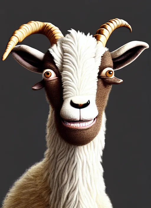 Image similar to anthropomorphic portrait of will smith as a goat, au naturel, hyper detailed, digital art, trending in artstation, cinematic lighting, studio quality, smooth render, unreal engine 5 rendered, octane rendered, art style by klimt and nixeu and ian sprigger and wlop and krenz cushart and pixar and riot and love death & robots