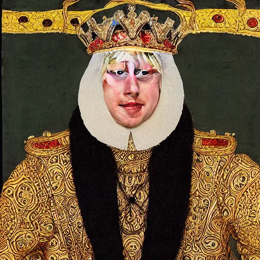 Prompt: Painting of the Ruler of the British Raj, the King Boris Johnson, painted by Hans Holbein, intricate, hyper-detailed, exhibited at the British Museum