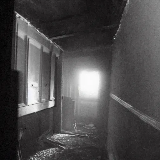 Image similar to hi - 8 night vision camera found - footage of a barely visible, bipedal minotaur with shrouded in darkness at the end of an extremely dark hallway in a basement of an abandoned house