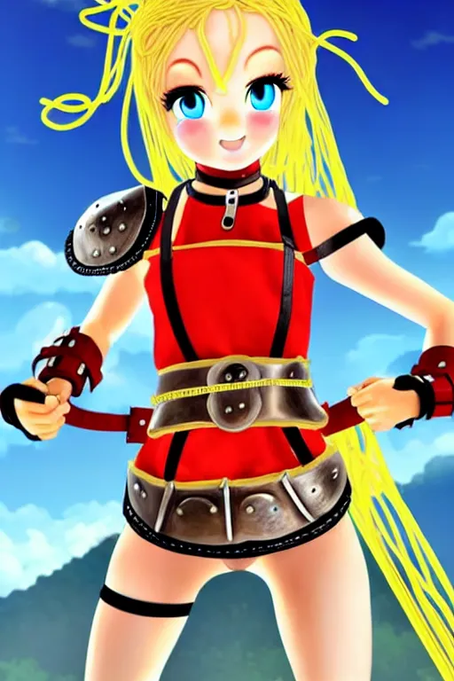 Image similar to A cute spaghetti-girl thief protagonist with leather-strap-armor and ninja weapons is exploring the tenth reality. A highly detailed fantasy character in the style of a McDonald's Burger