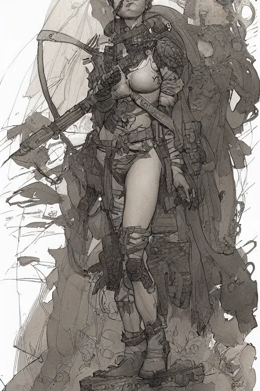 Image similar to pencil sketch of cute soldier girl by marc simonetti and brian froud and Mike Mignola and Alfons Maria Mucha and peter mohrbacher, hyperdetailed