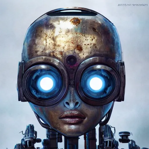 Image similar to a robot face with eyes made out of planets, shiny metal and rusty metal, mech, cyberpunk, artstation, hyperrealism, award winning digital art, photoshop contest winner, futuristic