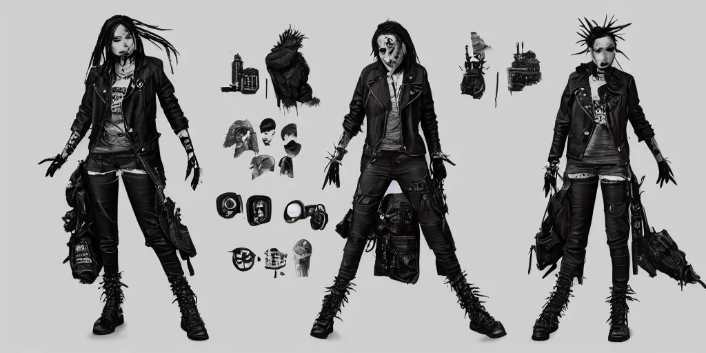 Image similar to gina is a punk rocker, character sheet, concept design, contrast, hot toys, kim jung gi, greg rutkowski, zabrocki, karlkka, jayison devadas, trending on artstation, 8 k, ultra wide angle, pincushion lens effect