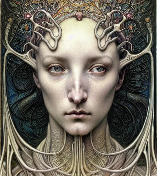 Image similar to detailed realistic beautiful young medieval alien queen face portrait by jean delville, gustave dore and marco mazzoni, art nouveau, symbolist, visionary, gothic, pre - raphaelite. horizontal symmetry by zdzisław beksinski, iris van herpen, raymond swanland and alphonse mucha. highly detailed, hyper - real, beautiful