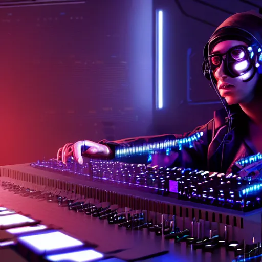 Image similar to photo of a cyberpunk composer playing multiple synthesizers, trending on artstation, symmetrical, frustrated face, cinematic, hyperrealism, high detail, octane render, 8k, unreal engine 5