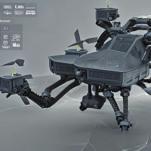 Prompt: hard surface, robotic platform, based on realistic management drone, 6 claws, symmetric, unreal engine