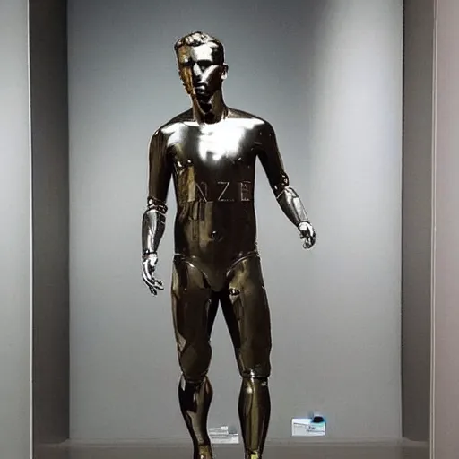 Image similar to “ a realistic detailed photo of a guy who is an attractive humanoid who is half robot and half humanoid, who is a male android, soccer player antoine griezmann, shiny skin, posing like a statue, blank stare, at the museum, on display ”