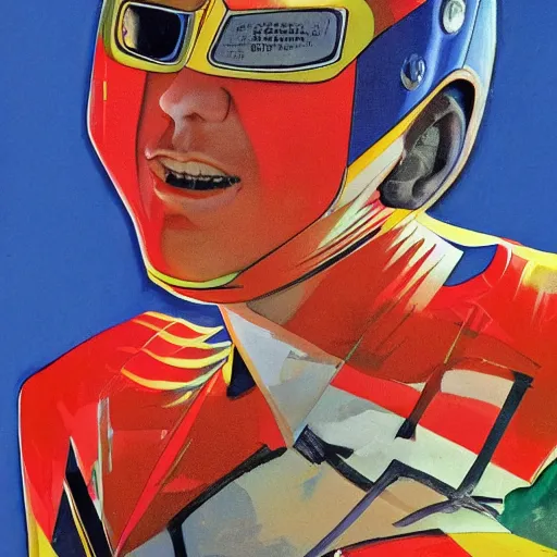 Prompt: photorealistic picture, by bob peak and alex ross, moto gp ads in 1 9 9 0 s, gouache and wash paints, fine details, fine intricate, fine facial proportionate, fine body proportionate, fine fix broken line, fine fix duplicate line, smooth sharp focus, sharp focus