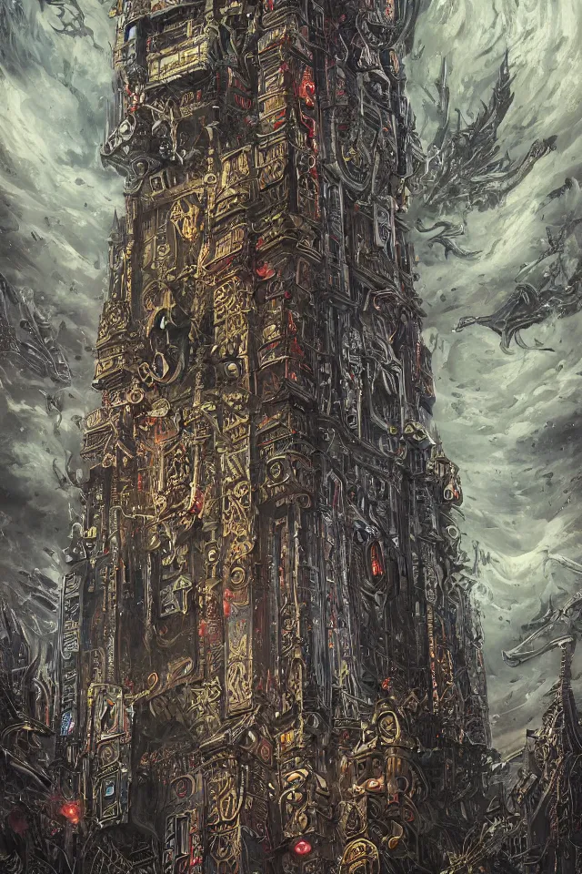 Image similar to Menacing tower, maximalist, high detail, 8k, ornate, dark fantasy, realistic, masterpiece, Trending on art station, complex, tarot card WLOP