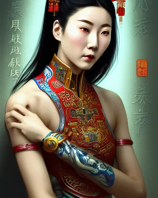 Prompt: portrait of a chinese masculine female cyberpunk machine, machine face, upper half portrait, decorated with chinese opera motifs, muscular, asian, fine china, wuxia, traditional chinese art, intricate intense elegant, highly detailed symmetry headpiece digital painting artstation concept art smooth sharp focus illustration, art by artgerm and greg rutkowski alphonse mucha 8 k