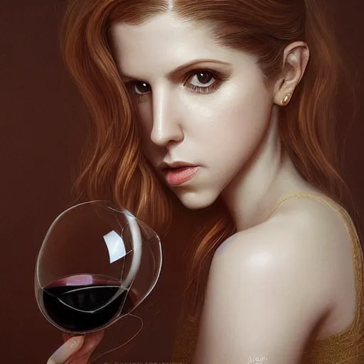 Prompt: an insanely detailed portrait of a beautiful anna kendrick facing you, highly detailed features, dark brown eyes, long eyelashes, she is biting her bottom lip and sitting on a large sofa, she holds a glass of wine, in the style of peter mohrbacher, artgerm, dramatic lighting and composition, octane render, trending on artstation, concept art 8 k