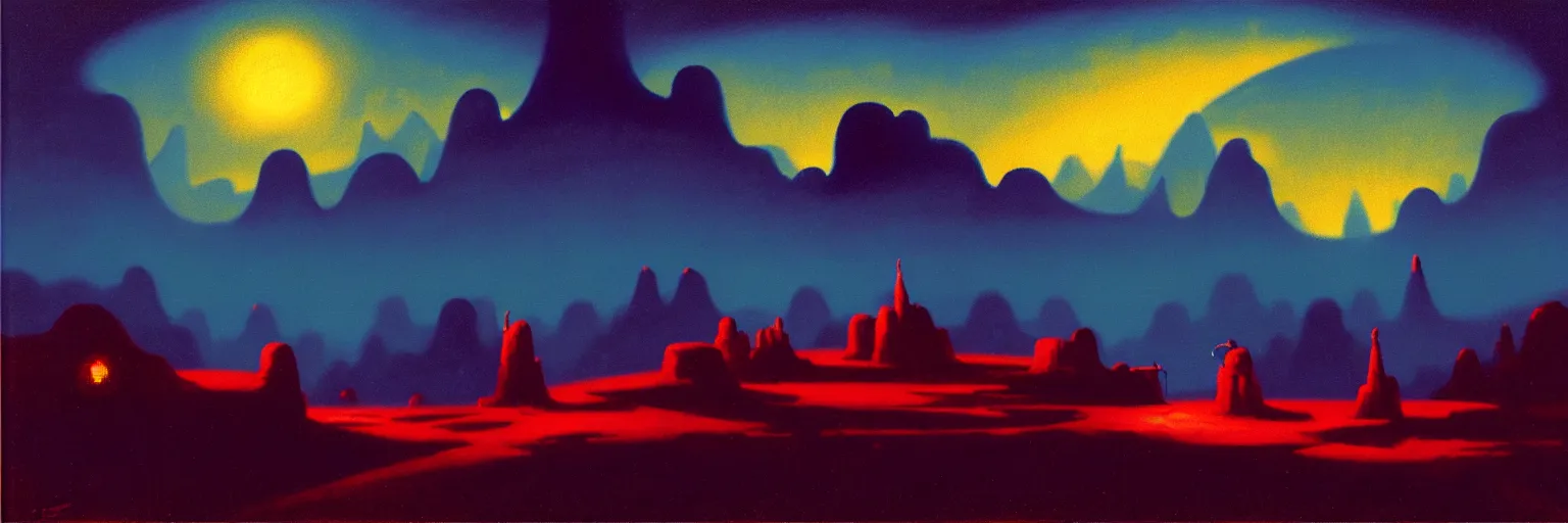 Image similar to cartoon paul lehr narrow night landscape with farawaymountains dark blue tones