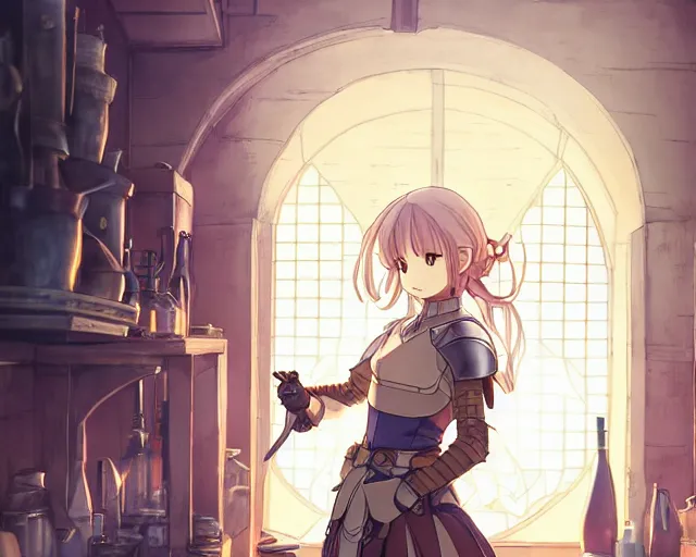 Image similar to anime visual, portrait of a young female knight wearing armor in a alchemist's shop interior, cute face by yoh yoshinari, katsura masakazu, studio lighting, dynamic pose, dynamic perspective, strong silhouette, anime cels, ilya kuvshinov, cel shaded, crisp and sharp, rounded eyes, moody